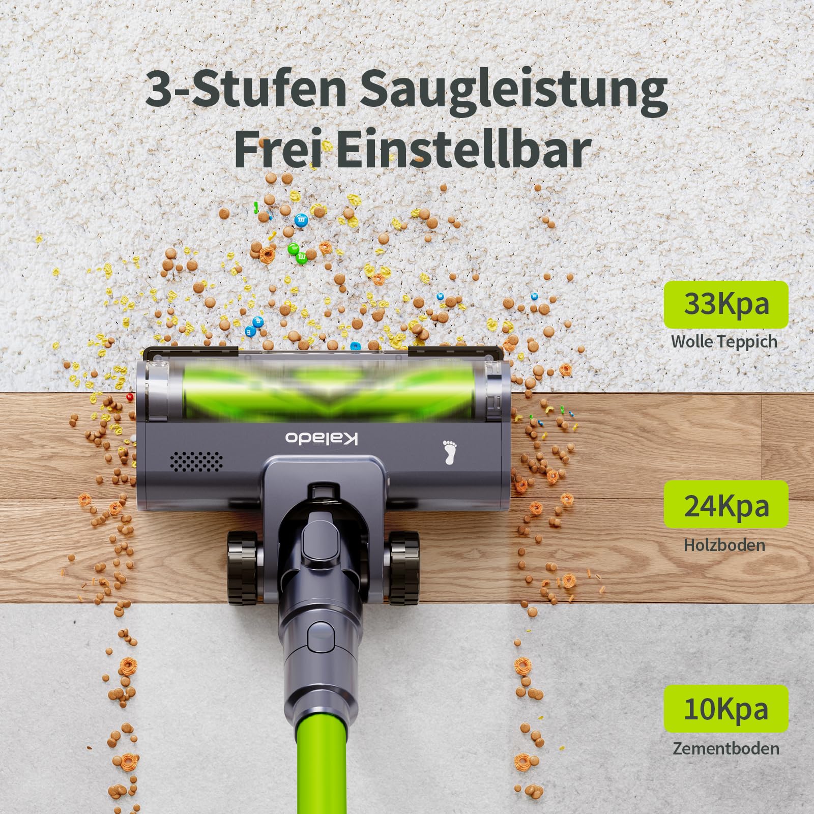 kalado Akku Staubsauger KCV600, 10 in 1 Staubsauger Kabellos 480W 33Kpa, Leicht Akkusauger mit Abnehmbarer Akku 40Mins, LED Display, Anti-Tangle-Bürste, für Hartboden Teppich Tierhaare