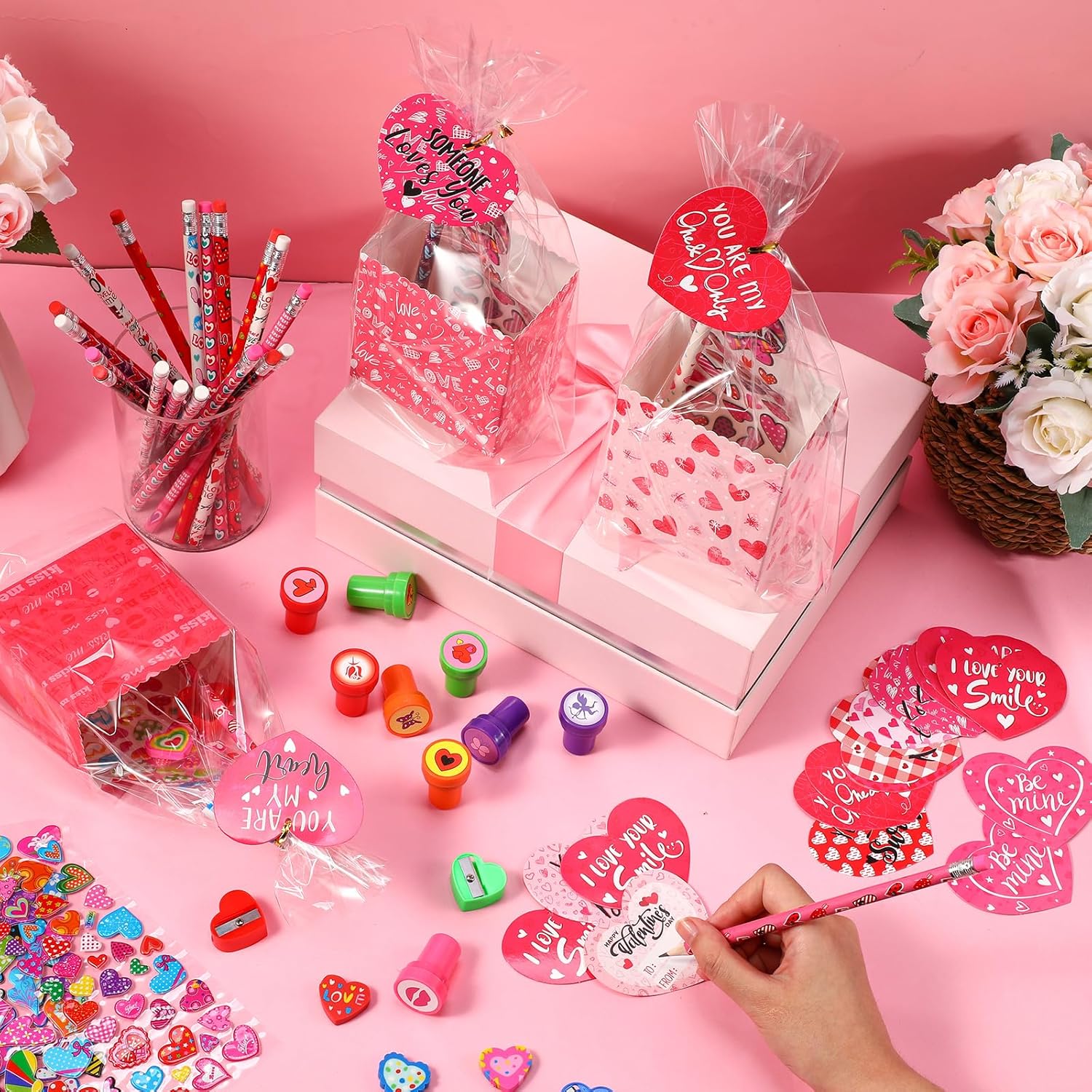 Pasimy 240 Pcs Valentine's Day Stationery Gifts for Kids, Valentines Popcorn Boxes Valentines Gift Tag Heart Shape Pencil Sharpener Eraser Pencil Sticker Stamp for Classroom Exchange Gift Prize Supply