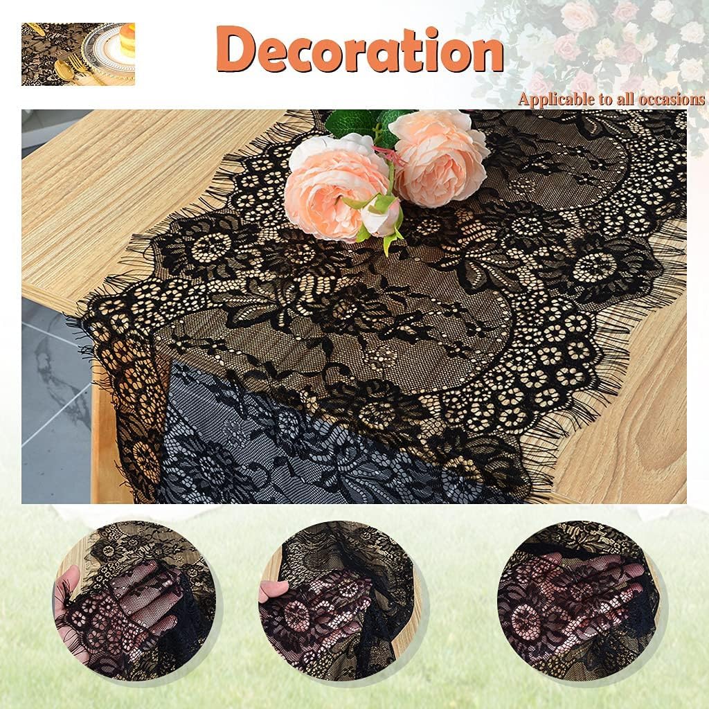 Pardecor 5Pack 120 Inch Black Table Runner with Lace Floral, Rustic Boho Table Overlay for Wedding Bridal Shower, Halloween Christmas Party Table Setting Decorations
