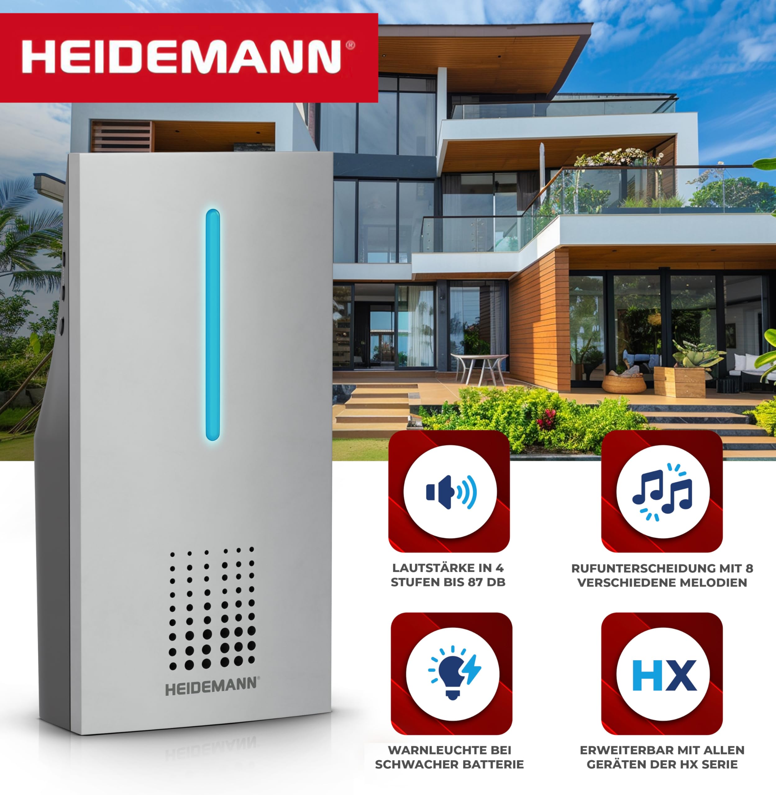 Heidemann Funkgong Set HX Connect (trasmettitore + ricevitore, volume regolabile in 4 livelli fino a 90 dB, con segnale ottico di chiamata, portata circa 100 m, campanello, campanello, campanello, set