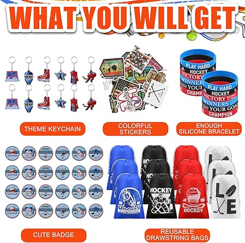 Miniatura 2 de Berlune 220 piezas de recuerdos de fiesta de hockey incluyen llavero de hockey bolsa con cordón de silicona, pulsera de silicona, insignia de botón,