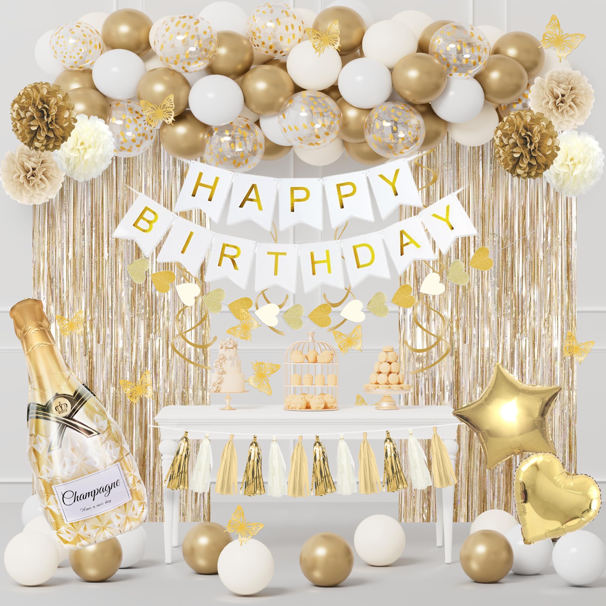 White and Gold Birthday Party Decorations Kit for Women Girls, Gold White Sand Confetti Foil Balloons Happy Birthday Banner Fringe Curtains Butterfly Garland 30th 40th 50th Baptism Communion Supplies