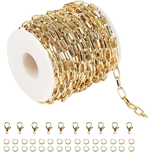 32.8 Feet Aluminum Link Chain Light Gold Flat Oval Chains for Jewelry Making Unwelded Paperclip Chain Spool Necklace Chains Bulk with Lobster Clasps and Jump Rings