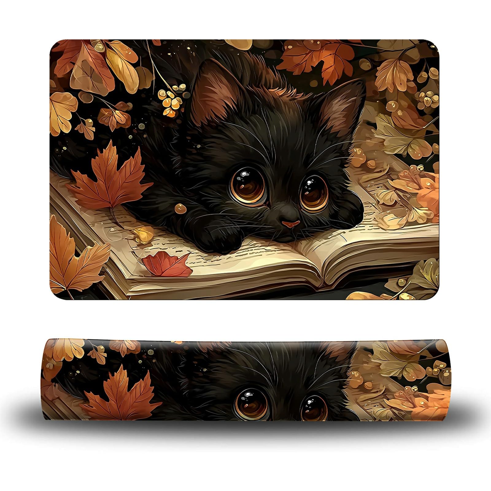 Dikoer Dog Food Mat, 15.7" x 23.6" Absorbent Pet Feeding Mat for Food and Water, Waterproof Diatom Mud Pet Placemat with Non-Slip Rubber Backing, Cat Bowl Mat for Floors - Black Cat Maple Leaf