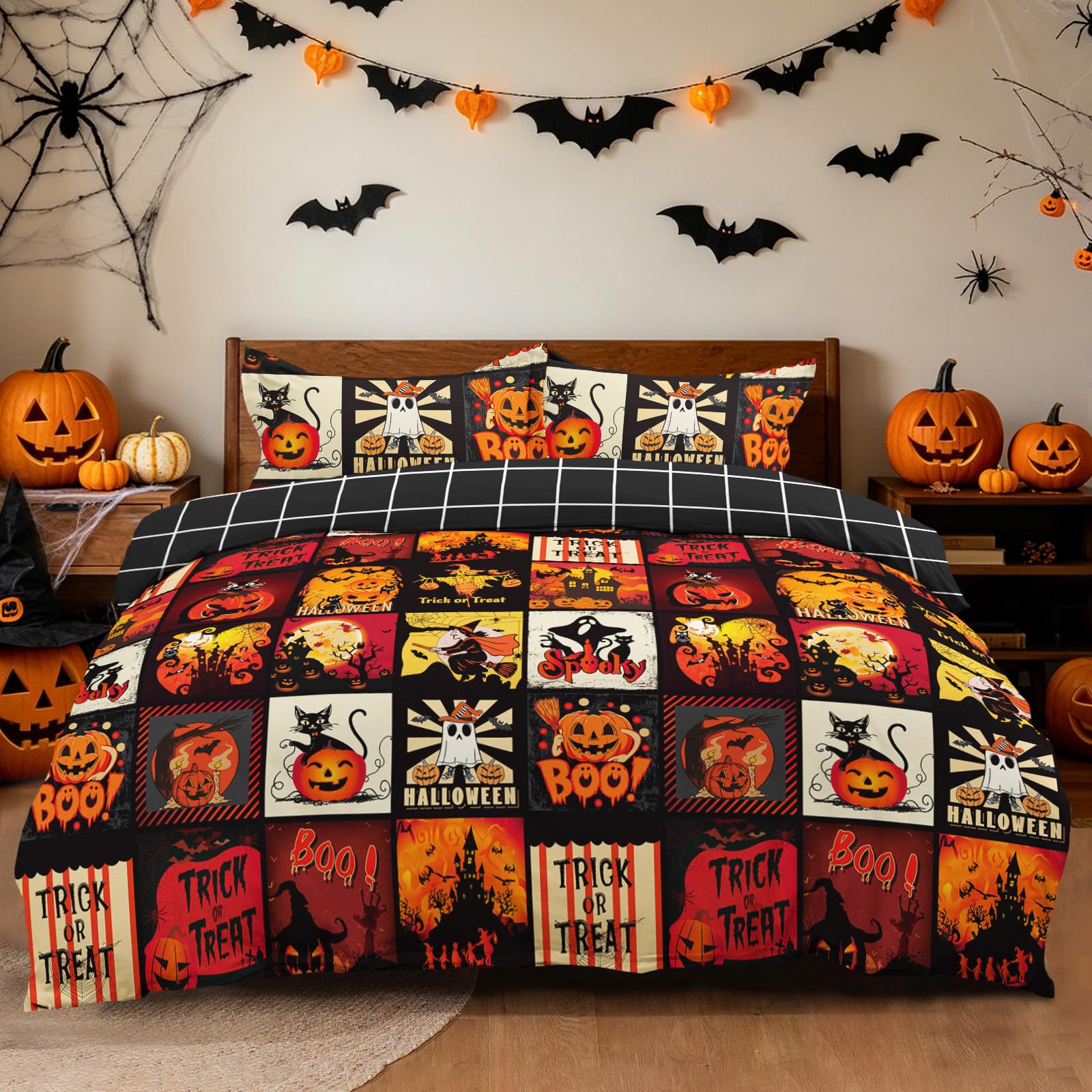 Fondream Halloween King Size Duvet Cover Sets 3 Pieces with Skull Pumpkin
