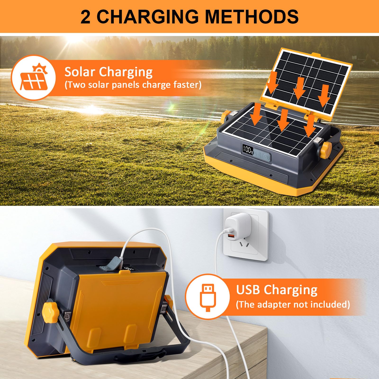 Projecteur LED Rechargeable 100W, Projecteur LED Chantier Portable 12000LM Super Lumineux 13000mAh avec 2 Panneau Solaire, 4 Modes d'éclairage pour Site de Construction, Camping, Atelier