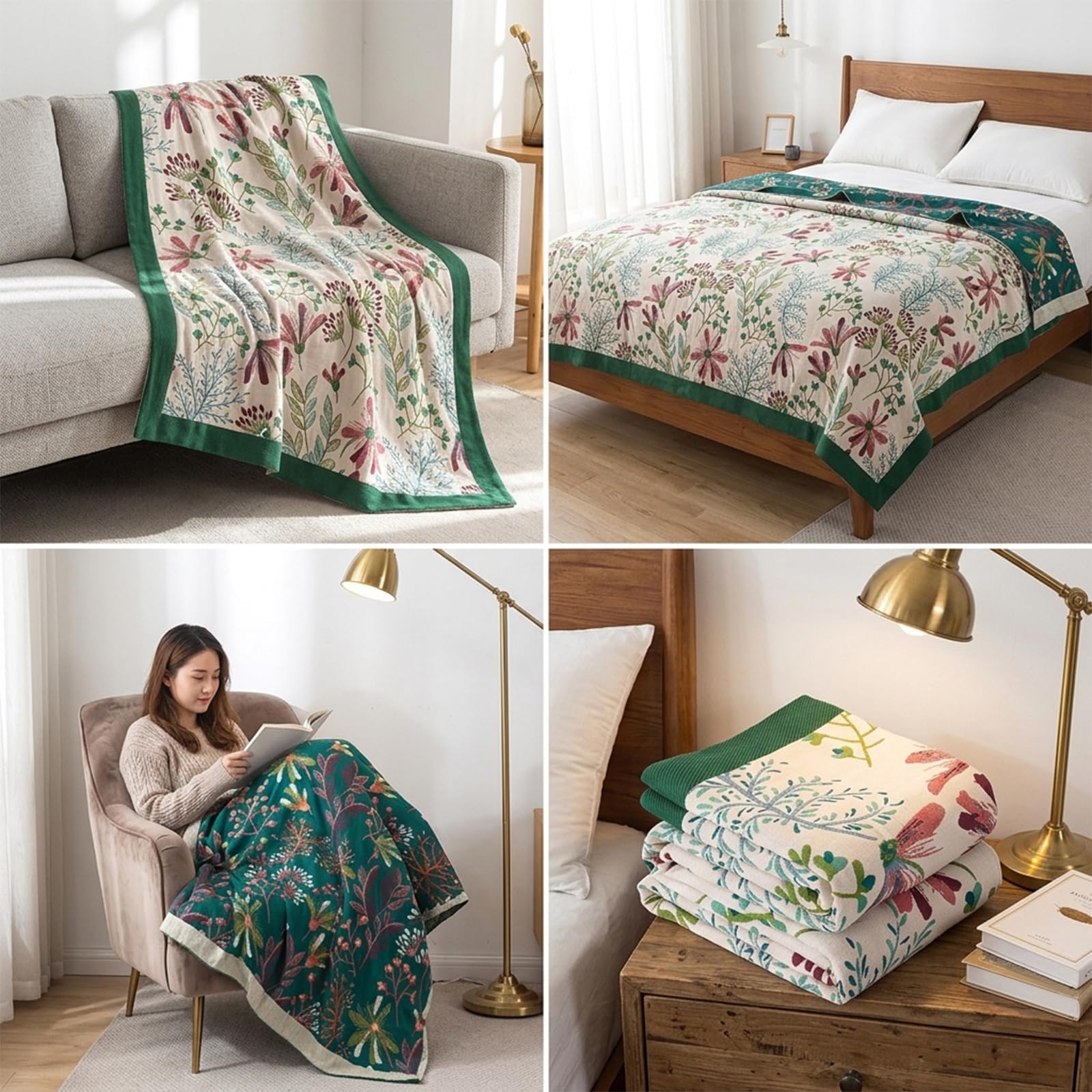 Copriletto boho, 150 x 200 cm, 100% cotone, double face, morbido, per soggiorno, per tutte le stagioni