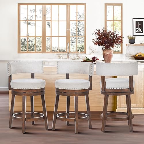 Miniatura 3 de COLAMY Juego de 3 taburetes de bar giratorios de altura de mostrador, modernos taburetes de bar tapizados de 25 pulgadas con respaldo, sillas de bar