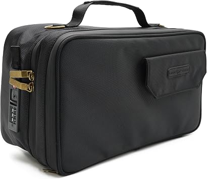 Large Storage Case with TSA Combination Lock Bag, Portable Carbon Lined, XL Medicine Lockable Box for Travel & Home Secured Box Organizer Divider Jars Accessories, Removable Tray Black
