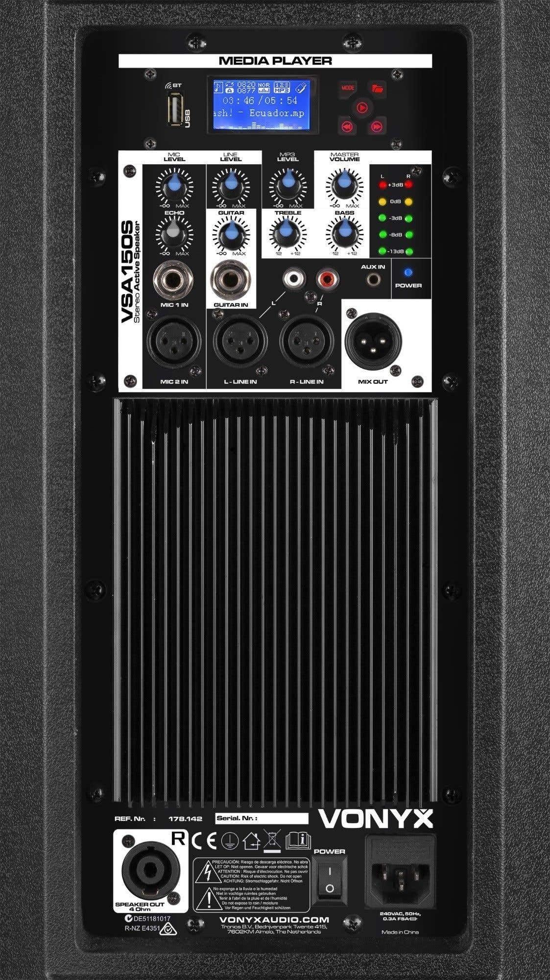 VONYX VSA150S - PA Anlage Komplettset, 1000 Watt PA Lautsprecher, 2X 15 Zoll Sub, Bi-Amp, Bluetooth, MIC-Input, Fernbedienung, Gitarreneingang, MP3, Aktive Lautsprecher Boxen, DJ Boxen - Schwarz