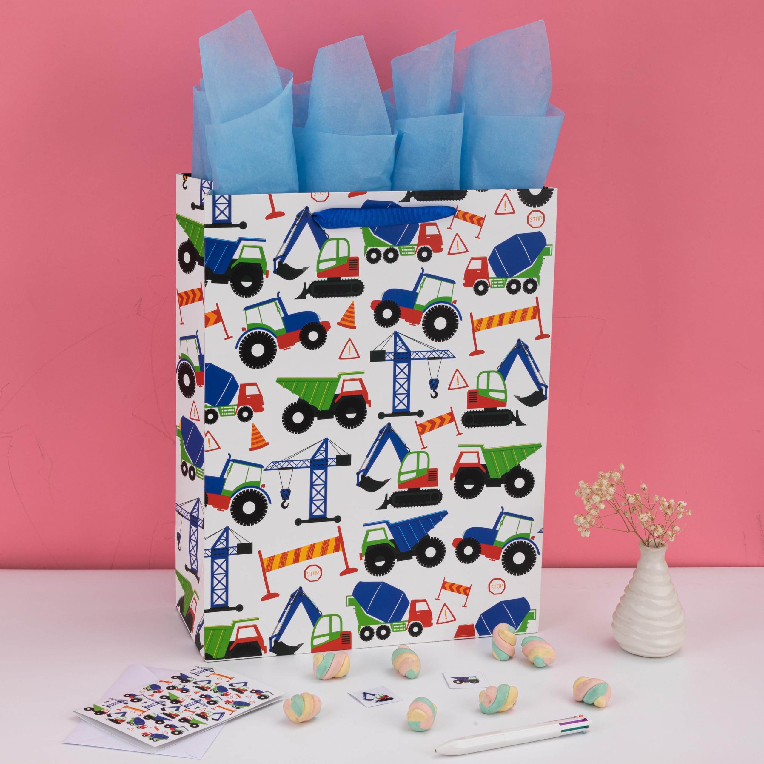 16.5" Extra Large Vehicle-themed Gift Bags Set with Greeting Card and Tissue Paper (Blue Car Design) for Boys, Kids Birthday Party, Baby boy, Baby Shower, Newborn, New Moms or Parents -10.2”x5.2”x13”,
