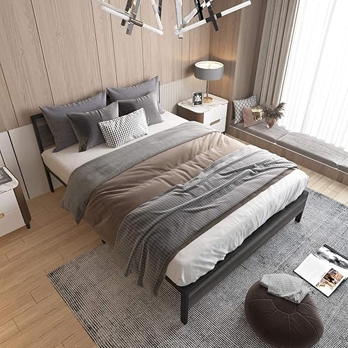 Miniatura 3 de Weehom Base de cama tamaño Queen con cabecero de madera de 14 pulgadas de alto, no necesita somier, sin ruido, roble negro