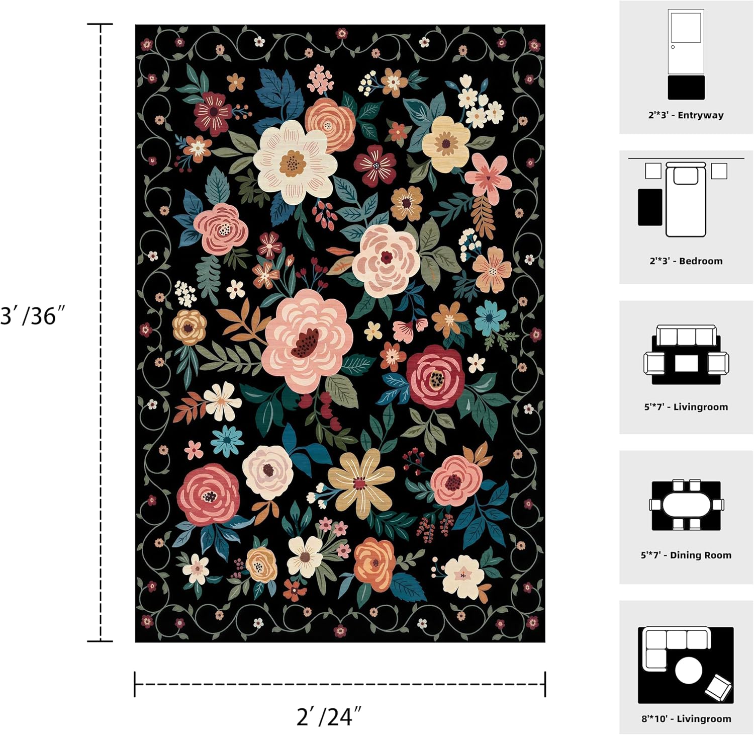 2x3 Black Floral Area Rugs for Entryway, Washable Vintage Stain-Resistant Door Mat, Non-Slip Low-Pile Throw Rugs for Bedroom, Living Room, Dining Room, Home Decor