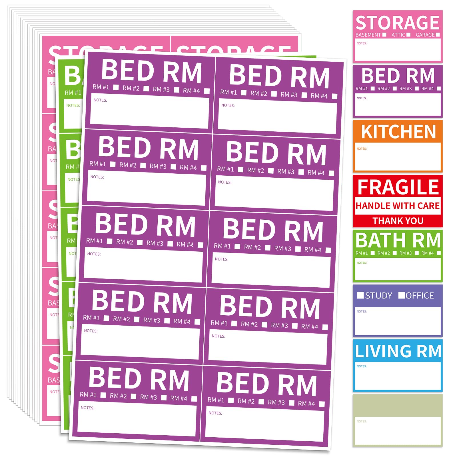 Umzugsetiketten, 5,1 x 8,6 cm, 8 farbkodierte Verpackungskarton-Aufkleber mit zerbrechlichen und leeren personalisierbaren Etiketten, 170 Stück