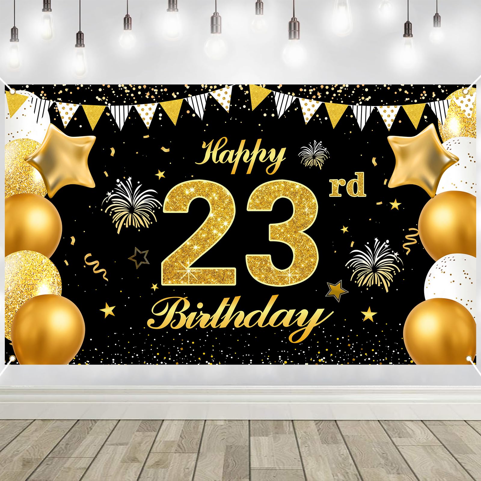 23rd Birthday Decorations Banner Gold Black Happy Birthday Door Banner for Party Photo Backdrop for Men Women Home Outdoor Cover Party Decoration Supplies Poster
