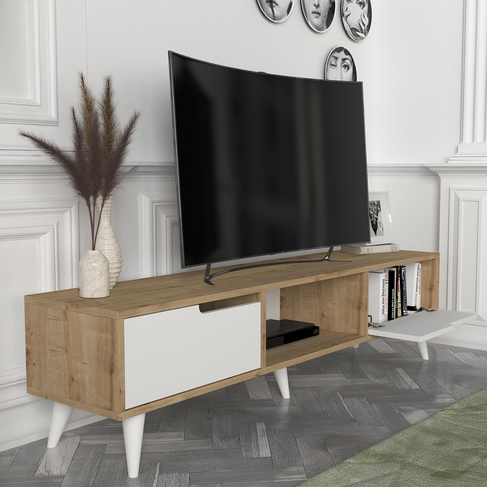[en.casa] Mobile Porta TV con 2 Ante a Ribalta e Vano Centrale Aperto Tavolo Basso 2 Scomparti Chiusi Stand Multimediale per Soggiorno Salotto 160 x 35 x 40 cm - Effetto Rovere/Bianco