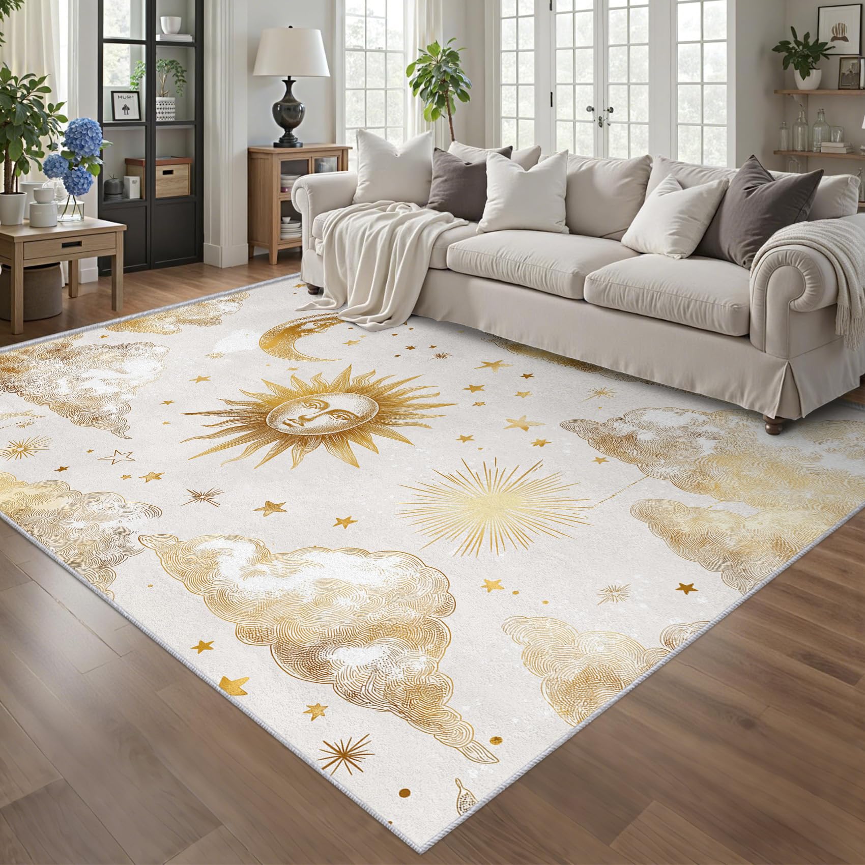 Tapis salon soleil lune étoile 180x240cm antidérapant poil court