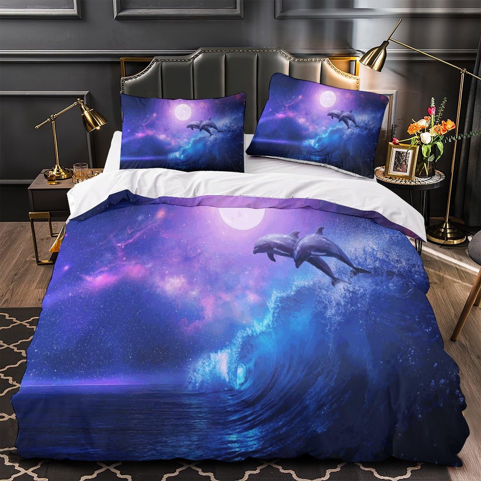 MXRMXR Dolphin Duvet Cover & Pillowcase 3D Printed Quilt Cover with Zipper Closure for Kids Adult Teens, Comforter Cover Soft Microfiber Bedding Set Super King（260x220cm）