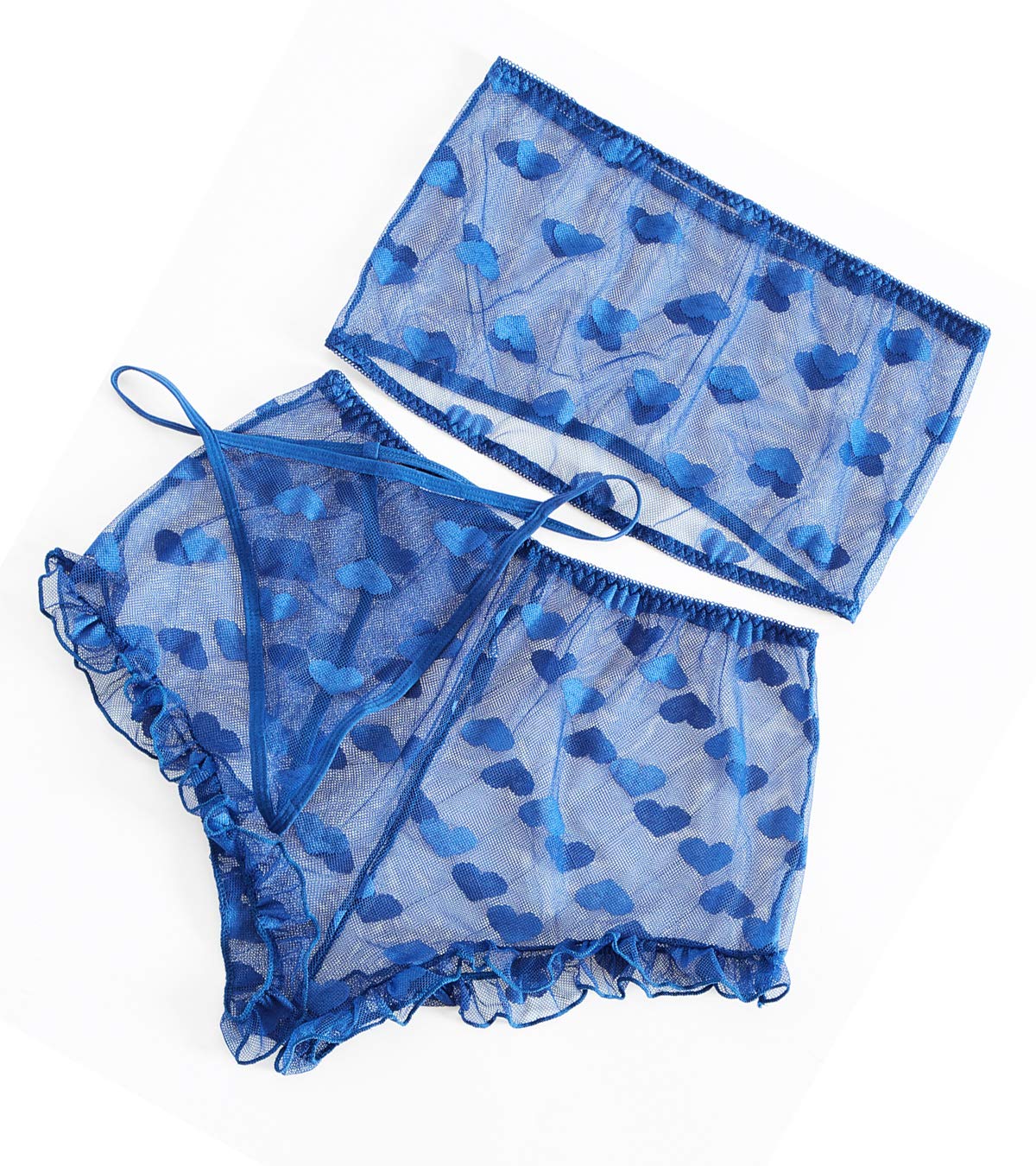 Pretishows Women's Lingerie Set Stretchy Lace Bandeau Bra Top Underwear with Shorts and Thong Size S-XXL: X-Large Blue