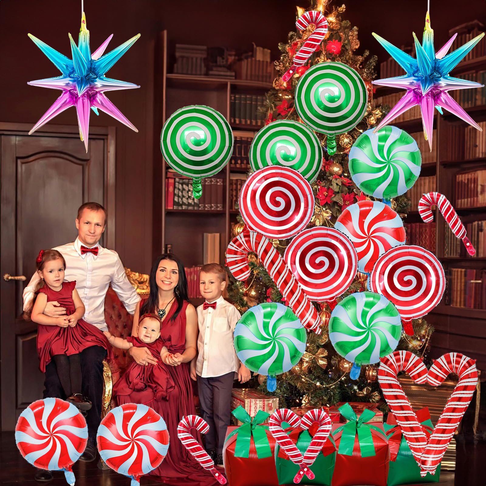 Weihnachtsdeko Helium Ballons, 25 Stk Weihnachten Deko Luftballons Set Süßigkeiten Zuckerstangen Geschenkbox Explosion Stern Folienballons, Rot Grün Weihnachts Ballons für Christmas Party Dekoration