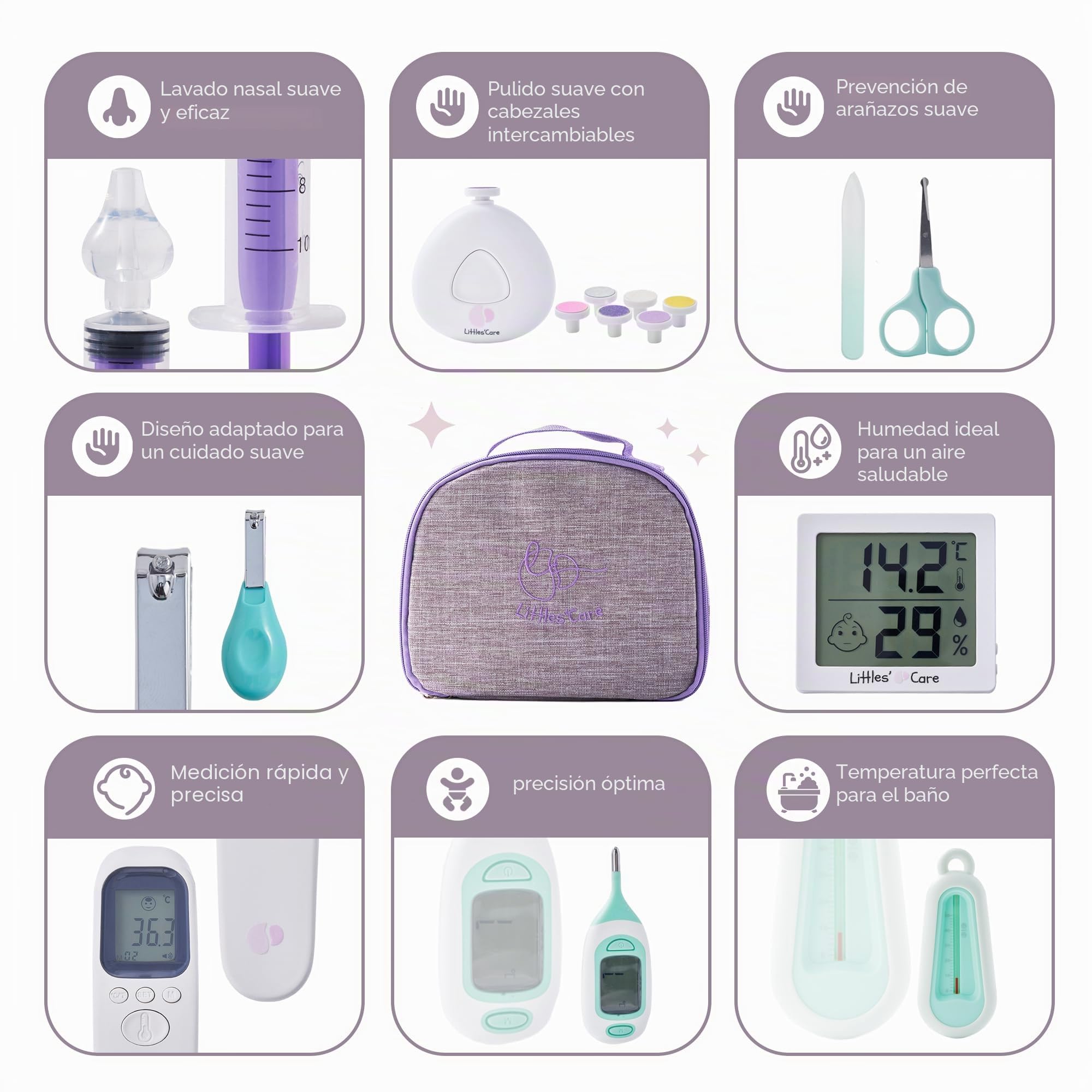 Set de cuidado para bebé + termómetros accesorio + gotero nasal para bebé + termómetro interior + termómetro de baño para bebés + lima para uñas + neceser para bebé regalo de nacimiento