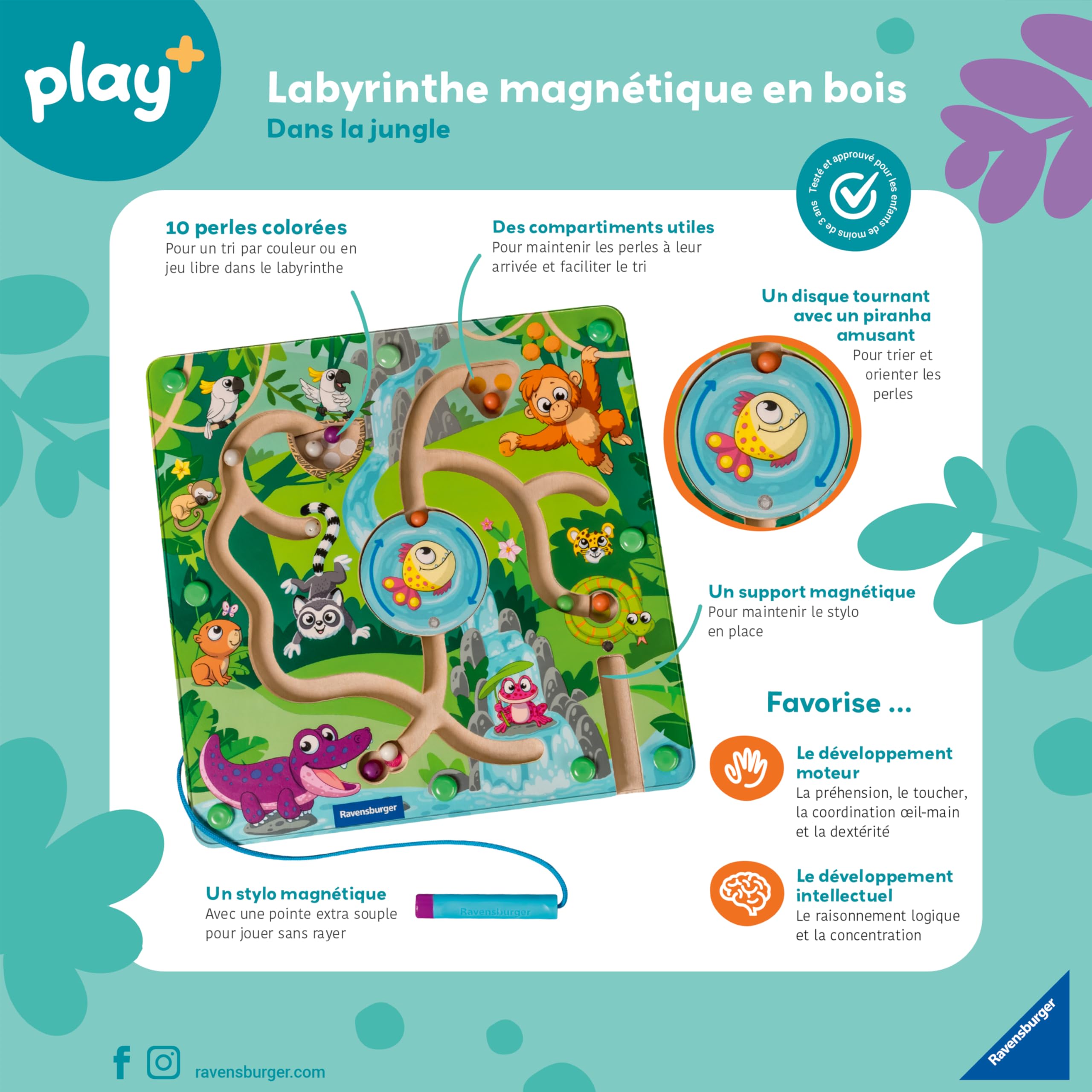 Ravensburger -Play + - Drewniany Labirynt magnetyczny w dżungli - Od 18 miesięcy - Wersja francuska - 34018