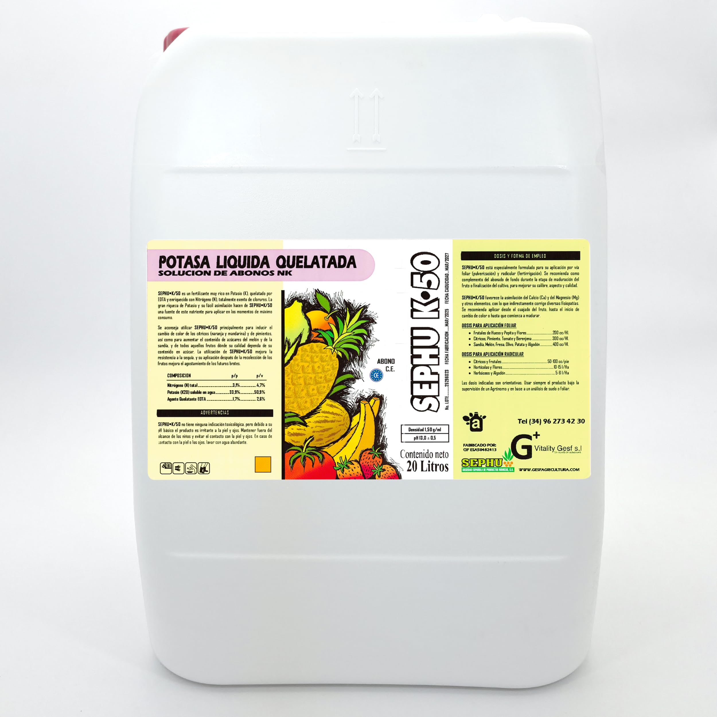 Potasa quelatada al 50% SEPHU-K/50, Es un Fertilizante de Potasio Quelatado Líquido con EDTA y Nitrógeno, Nutriente Agrícola para Olivos, Frutales y todo tipo de Cultivos. 20 Litros