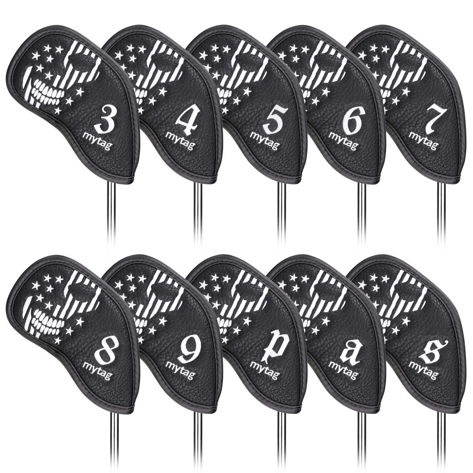 mytag Skull Skeleton Golf Head Covers Black Synthetic Leather Golf Headcovers Set Fits Driver Fairway Wood Hybrid/Utility Putter Iron Wedge Headcover