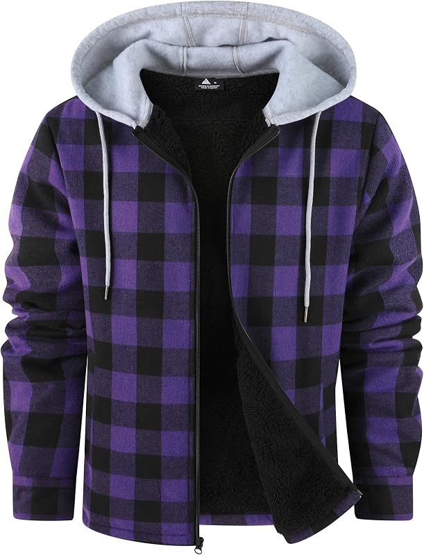 ZITY Flannel Jacket for Men Sherpa Fleece Lined Full-Zip Plaid Hoodie
