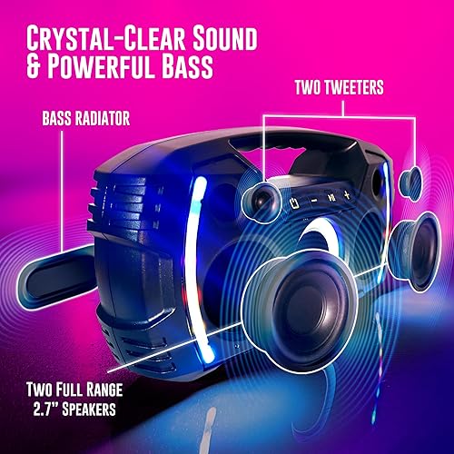 Miniatura 12 de Potente y portátil impermeable todo terreno altavoz Bluetooth con graves profundos, luces LED de fiesta, carga rápida USB-C, radio FM, AUX - QFX