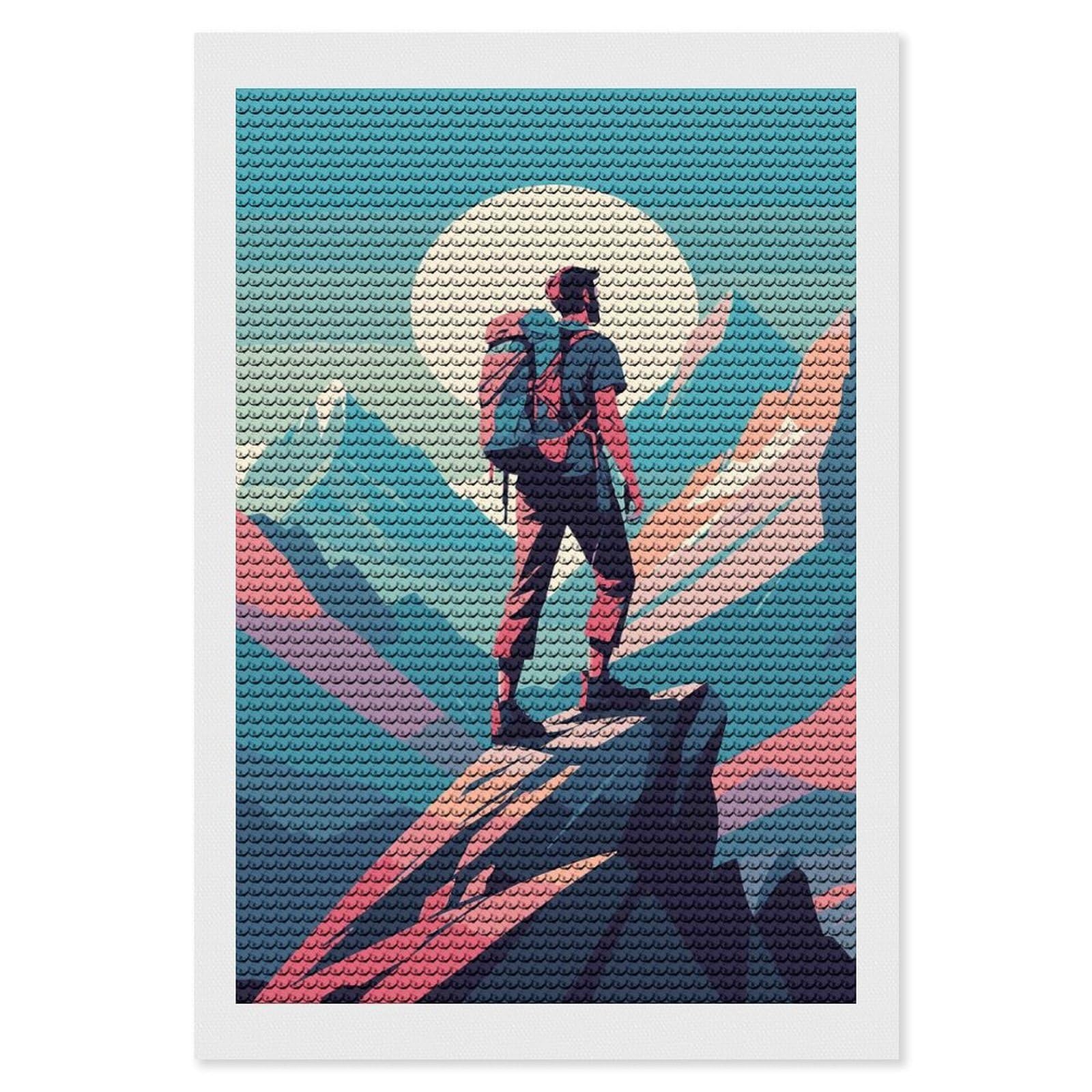 Junmoney Hiker on Mountain Peak Illustration Diamond Painting Canvas Set 8"x12", Full Kit Included, Calming Craft to Unwind, Farmhouse Decor, Christmas Gift