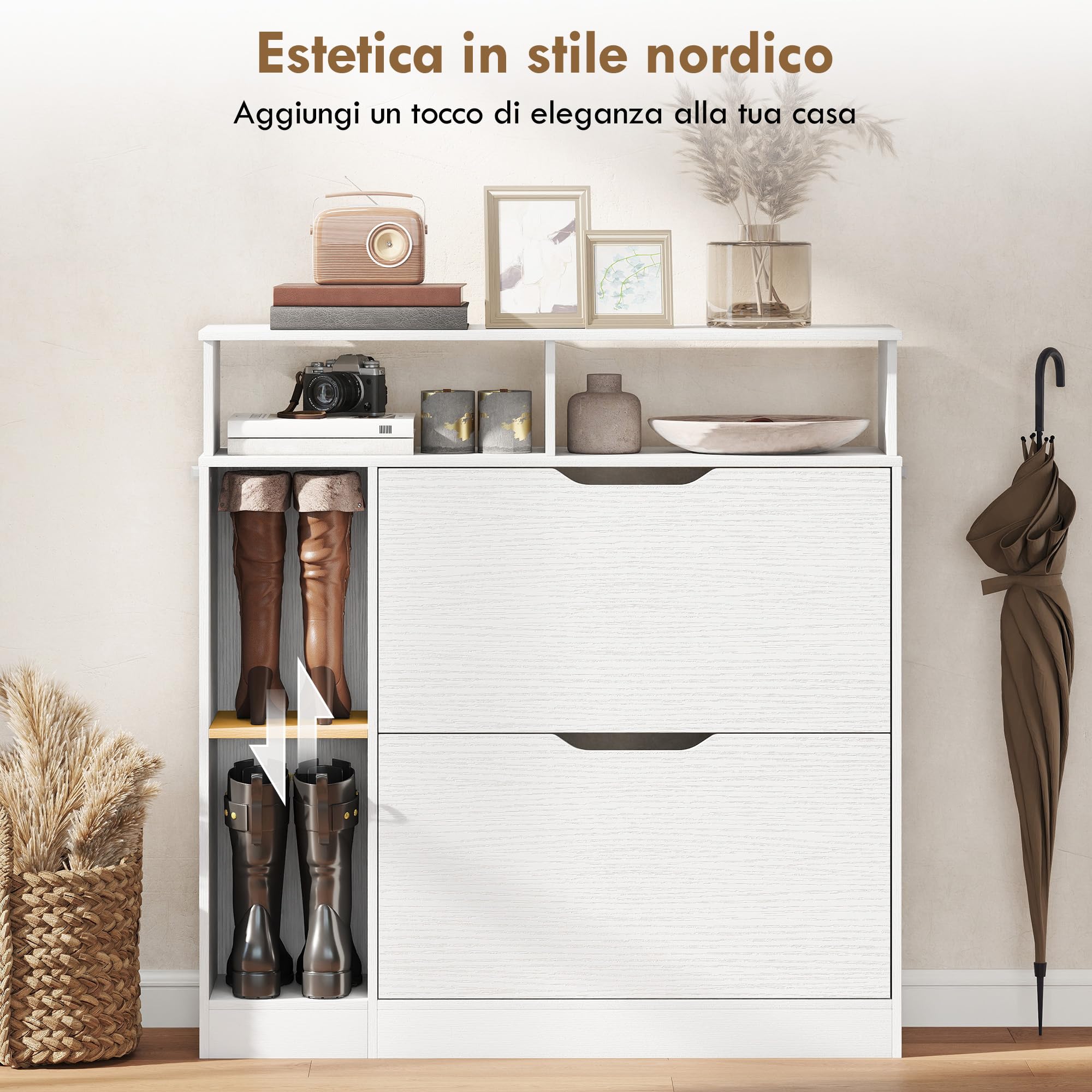 HOMCOM Scarpiera Salvaspazio Slim con 2 Ante a Ribalta, Scarpiera Ingresso con Ripiani Regolabili Rimovibili, Ripiani Aperti, Scomparto Laterale, Porta Scarpe in Legno con Maniglia, Bianco