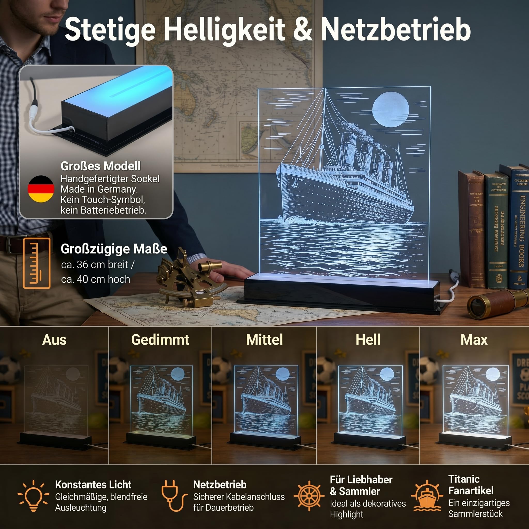Titanic Premium LED Lampe – Handgefertigt in Deutschland, 36 cm, 16 Farben, dimmbar, Vollacryl-Sockel, 230V Netzbetrieb, Maritime Deko