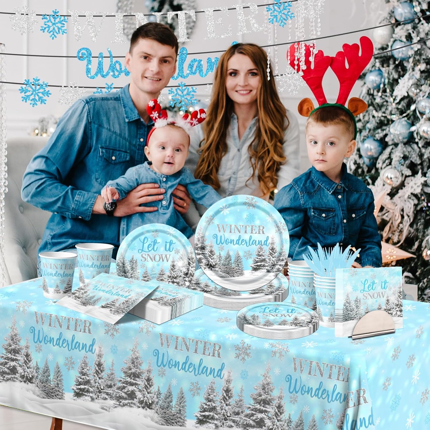 Winter Party Plates and Napkins,Blue Winter Wonderland Decorations Tableware 142pcs Snowflake Napkins and Plates Cups Tablecloth Banner for boy Winter Wonderland Birthday Decorations