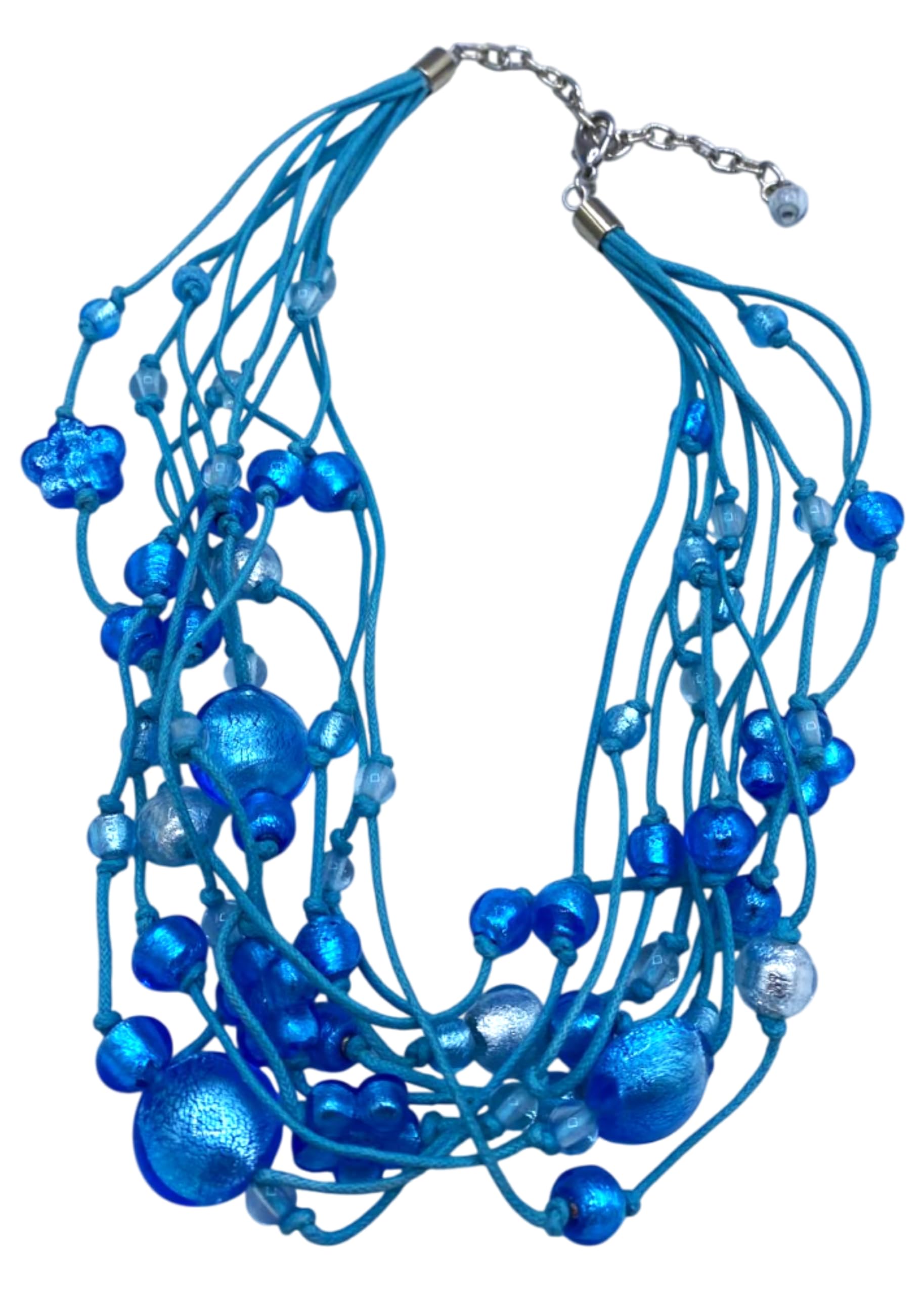 Collana in Vetro di Murano, Blu Multi-Filo con Perle, 45 cm,