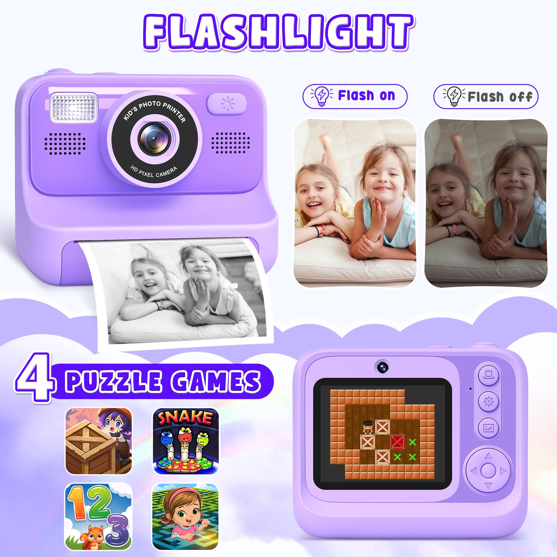 Subtail Appareil Photo Instantané Enfant - 2.4 Écran Appareil Photo Numérique Enfant avec Mode Selfie et Carte 32GB et Papier d'impression - Cadeau Jouet pour Enfant Garçons Filles de 3-12 Ans -Violet