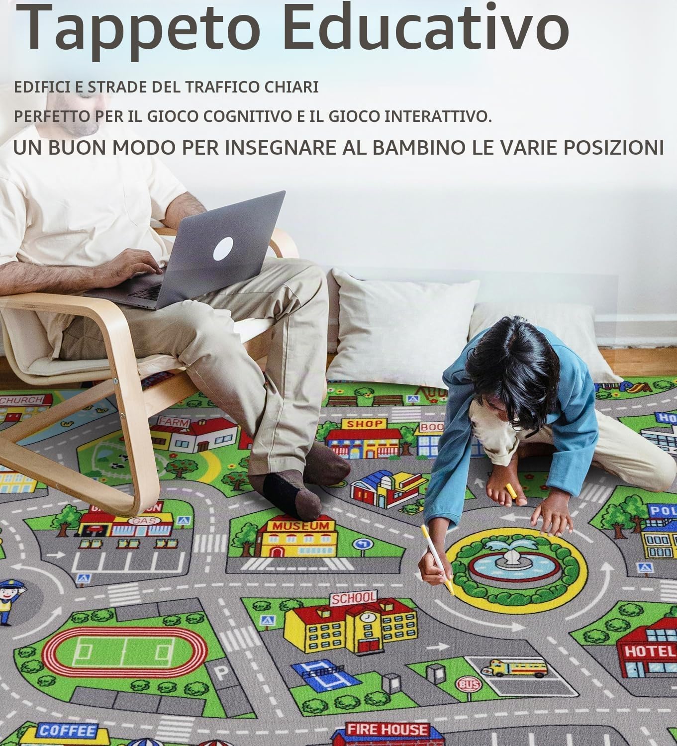 Capslpad Tappetino da gioco per auto, 150 x 200 cm, antiscivolo, con mappa della città, tappeto interattivo, lavabile in lavatrice, creativo, educativo, per bambini, adolescenti, stanza dei giochi