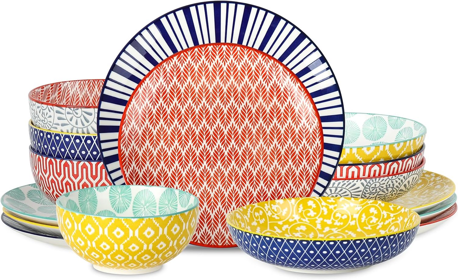 Selamica Ceramic Dinnerware Set, 16 Piece Plate Set for 4, Plates and Bowls Sets Highly Resistant to Chips and Cracks, Dishwasher and Microwave Safe, Assorted Colors B