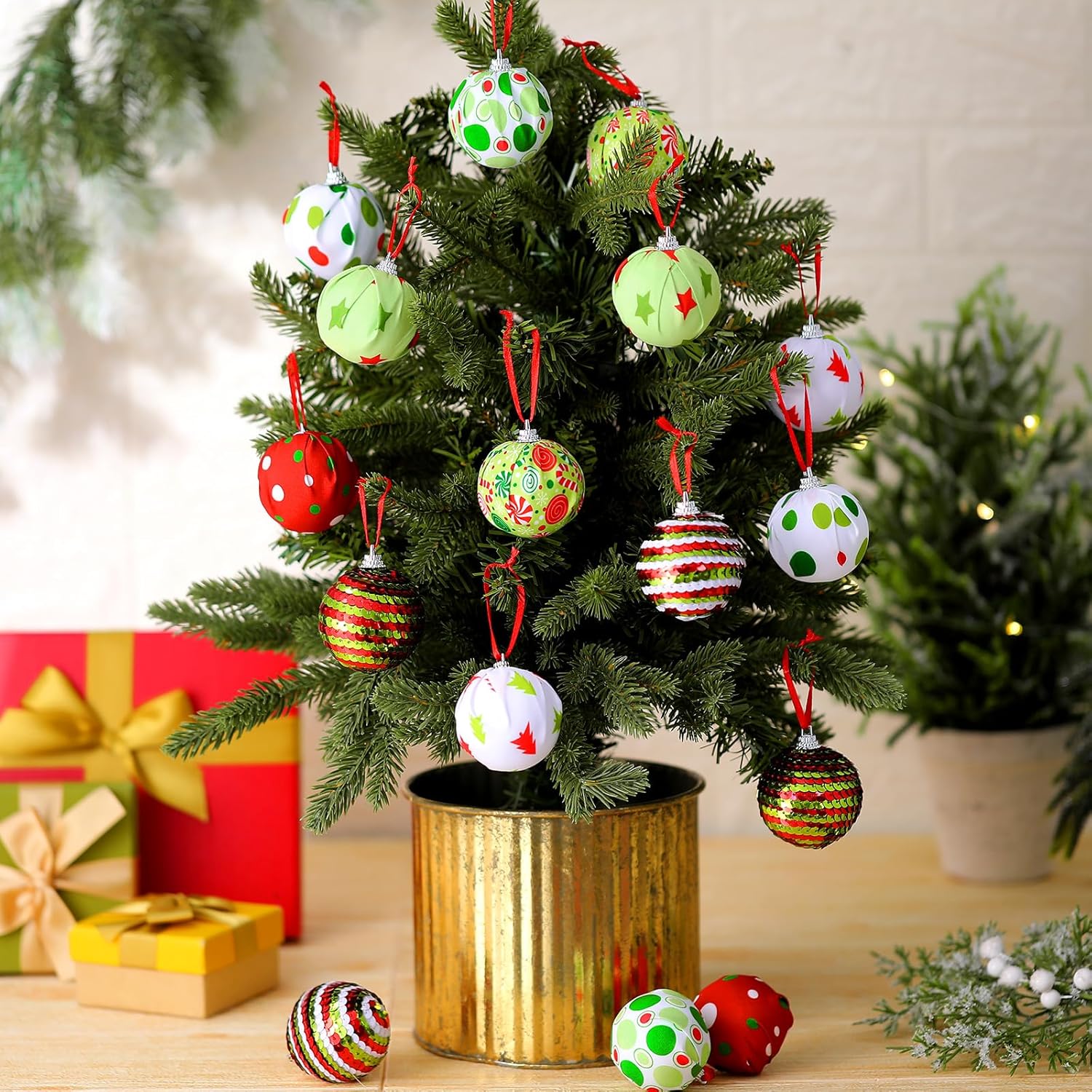 Zeyune 16 Pcs Christmas Ball Ornaments 2 Inch Glitter Hanging Xmas Balls for Tree Decoration with Sequins Red Green Candy Elf Plastic Christmas Baubles for Home Indoor Holiday Party Decor