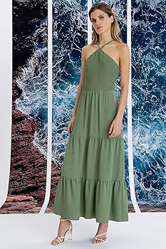 Donna Morgan Halter A-Line Maxi Sleeveless, Casual Tiered