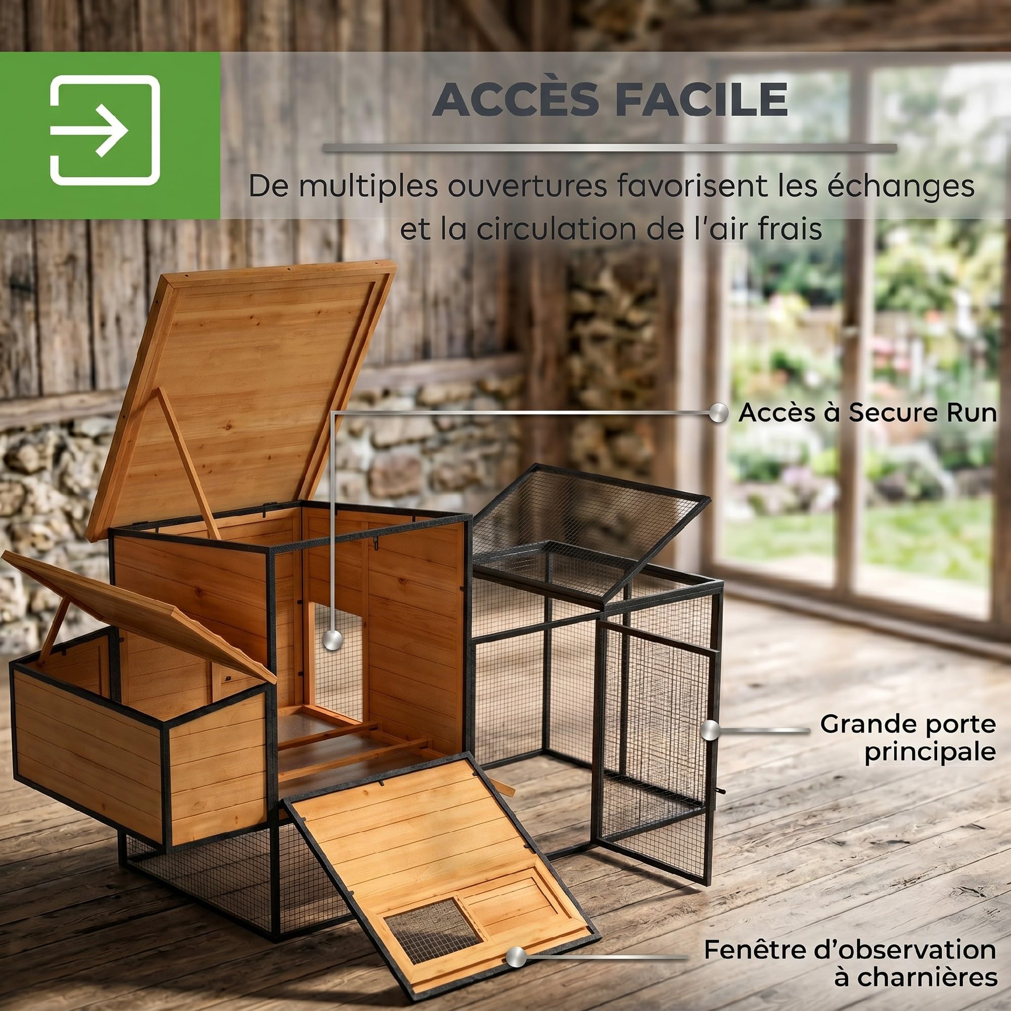 PawHut Poulailler XXL Bois 3-5 Poules Grand Enclos 192x81,5x104cm Orange