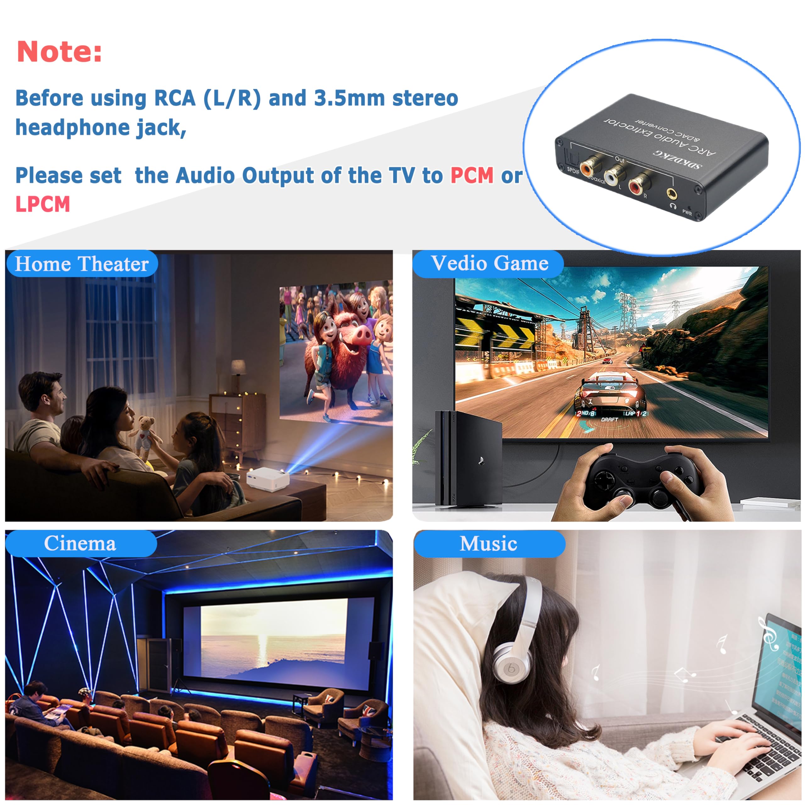 192kHz DAC Wandler, HDMI ARC Audio Extraktor, HDMI/Digital SPDIF Optische Toslink Koaxial zu Analog RCA 3,5 mm Jack L/R Koaxial SPDIF Audio Konverter für HDTV Verstärker Soundbar Sprecher