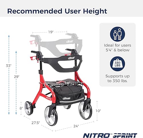 Miniatura 31 de Drive Medical Nitro Sprint - Andador plegable con asiento, ligero, para estatura estándar, con ruedas grandes, plegable, color rojo