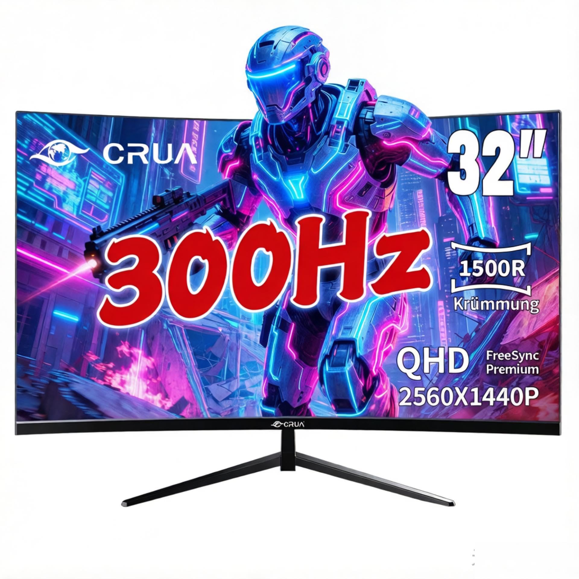 CRUA 32 Zoll Curved Gaming Monitor, QHD 2560x1440P, 300Hz, 1ms, 1500R VA Panel, 120% sRGB, AMD FreeSync, HDMI & DisplayPort, Ultra-Wide PC Monitor für Gaming & Office, Wandmontage - Schwarz