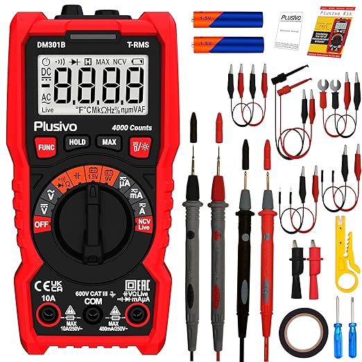 Multimeter 4000 Counts Digital Multimeter TRMS Auto-Ranging AC DC Voltmeter Ohm Volt Amp Tester NCV Live Test; Measures Voltage, Current, Resistance, Continuity with Set of Test Probes, Wire Stripper