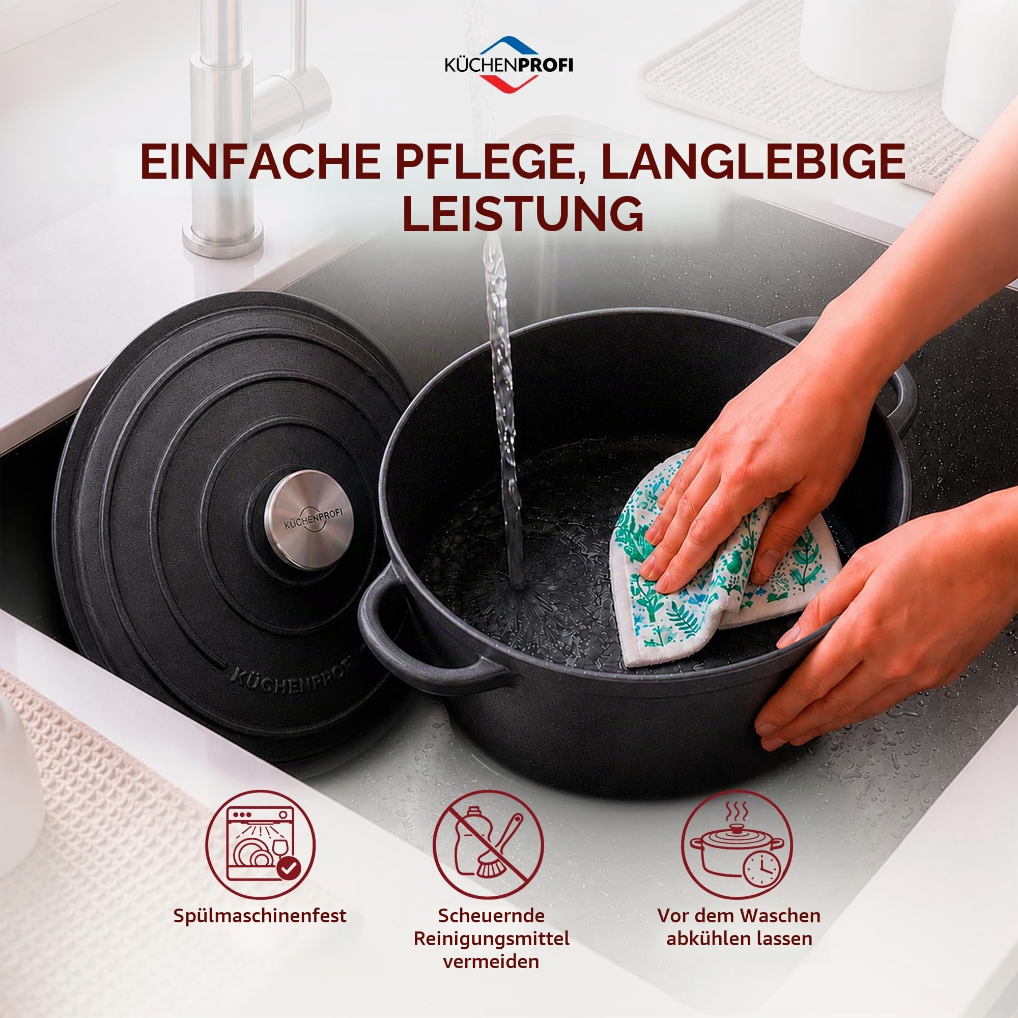 Küchenprofi Bratentopf PROVENCE rund emailliertes Gusseisen mit Deckel schwarz, für alle Herdarten und Induktion, energiesparend, aromaschonend - Fassungsvermögen: 5,3l, Durchmesser: 26 cm, 401001026