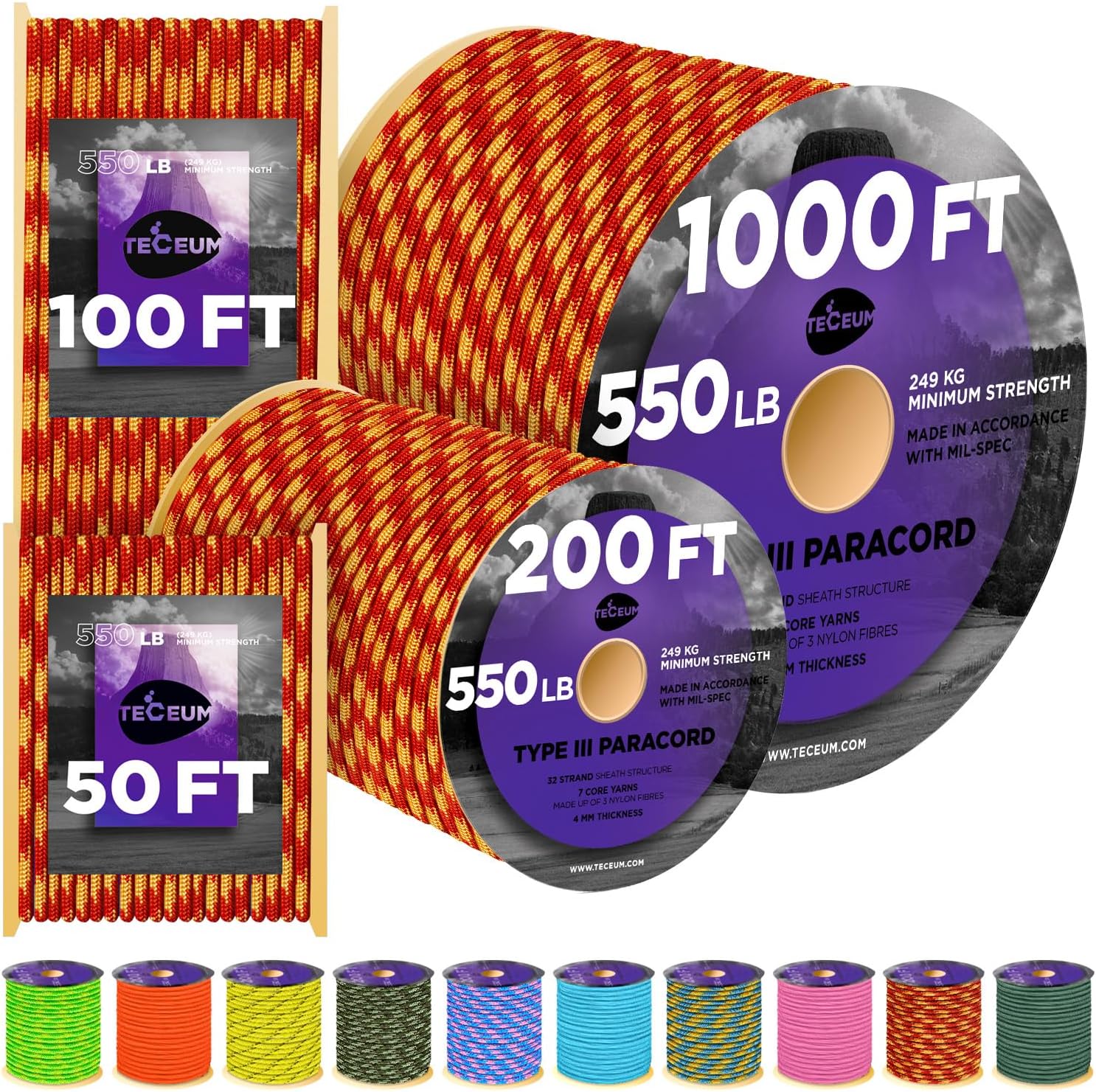 Amazon.com : TECEUM Paracord Type III 550 Fire Flame – 100 ft – 4mm ...