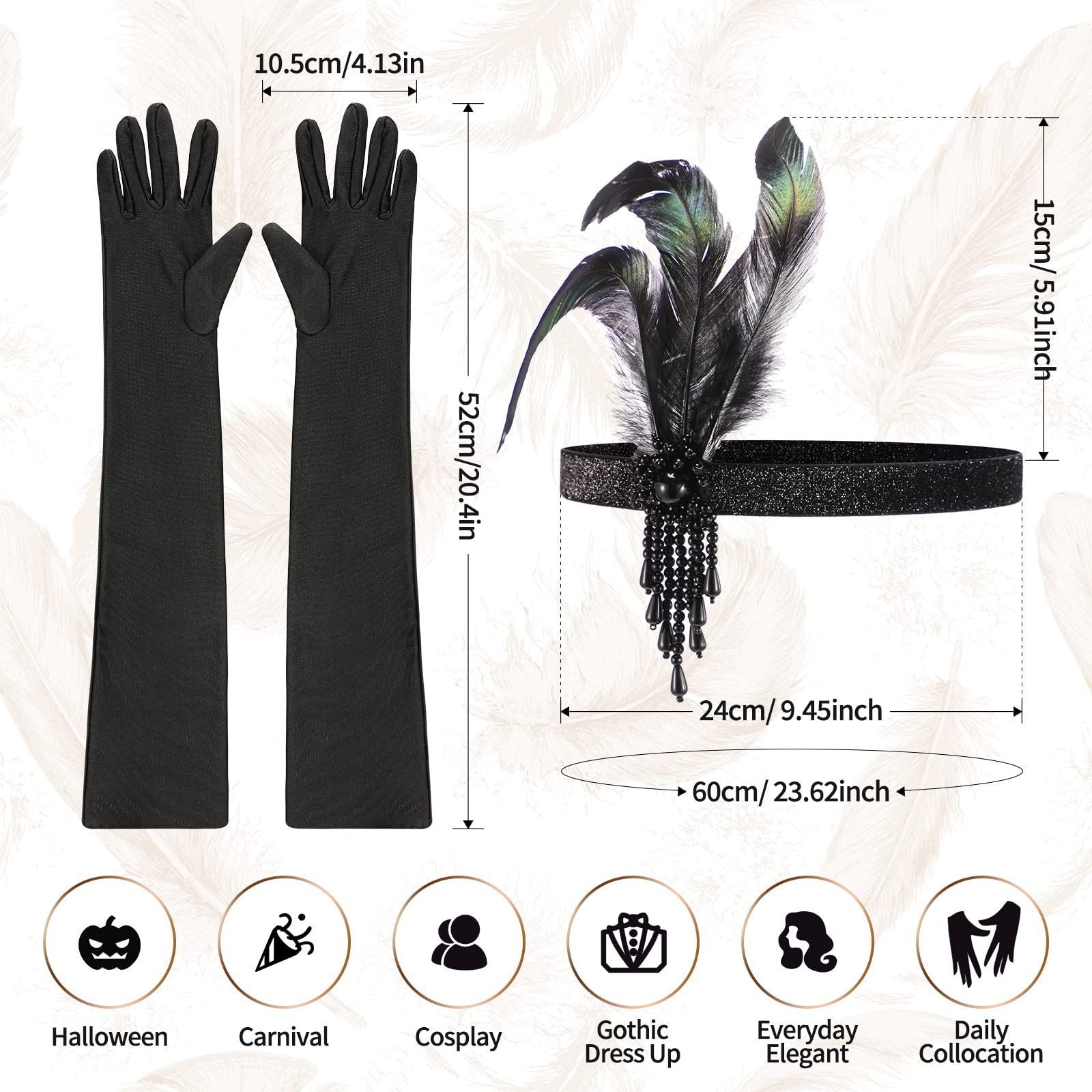 5 Stuks 1920 Flapper Kostuum Accessoires Vrouwen Sjaal Wraps Veer Hoofddeksel Faux Parel Ketting Lange Handschoenen Plastic Stok
