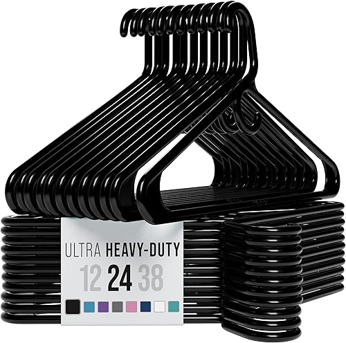 Perchas de ropa de plástico ultra resistentes, color negro, perchas duraderas para abrigos, trajes y ropa (paquete de 24 unidades, negro)