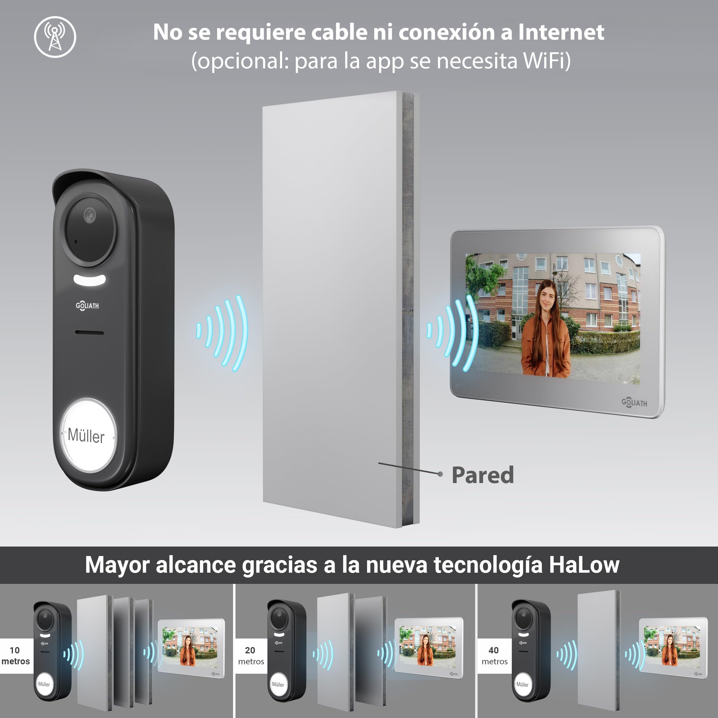 GOLIATH® Timbre inalámbrico con cámara e intercomunicador [CON APLICACIÓN PARA SMARTPHONE] - Timbre con cámara Full HD y monitor - Intercomunicador con vídeo y timbre con abrepuertas - Timbre con víde